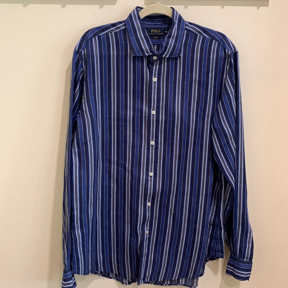 Polo Ralph Lauren linen button up. Size XL. Navy w/blue & ivory stripe. Perfect!